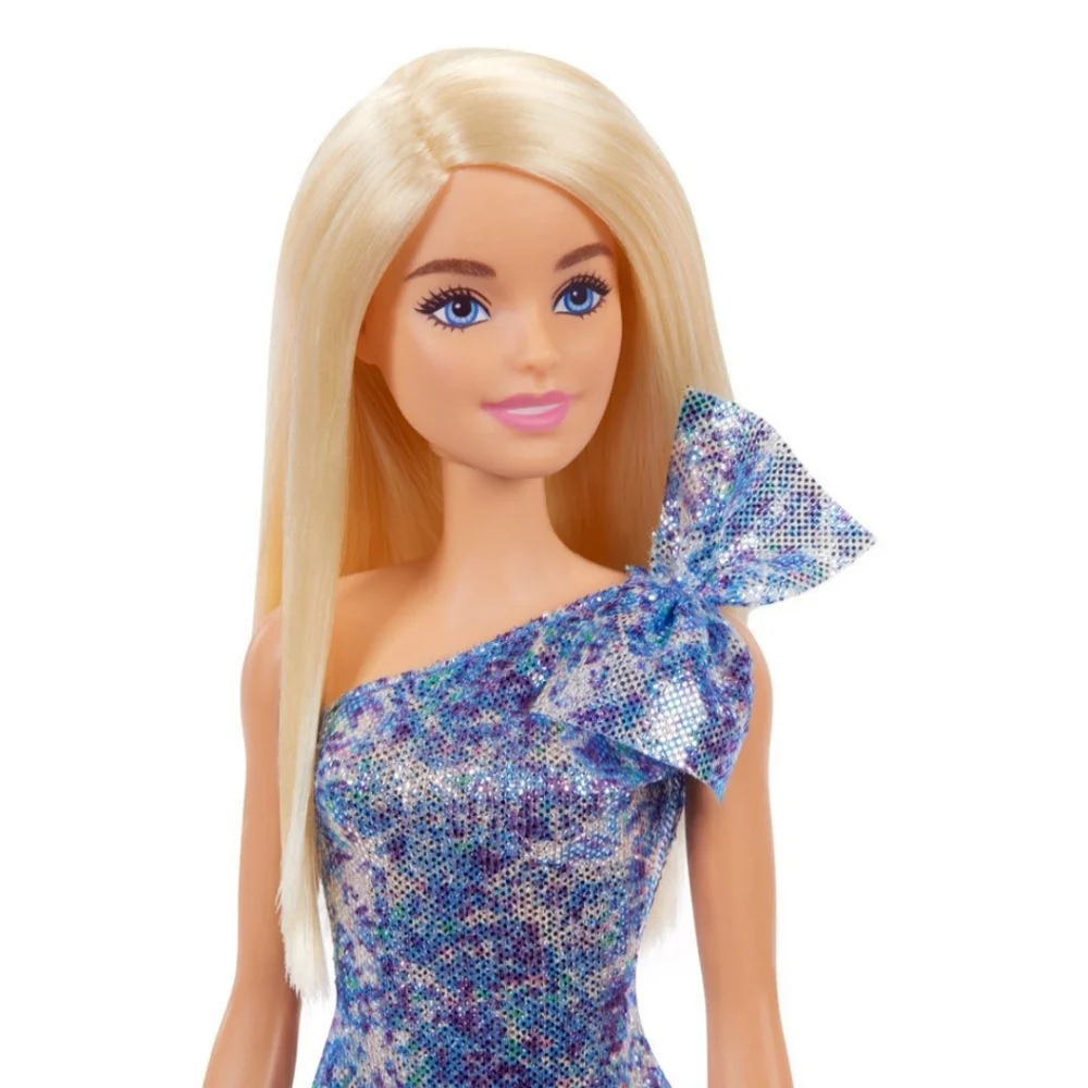 Barbie Mattel silver blue 1 shoulder sparkle dress blonde hair but eyes NIP
